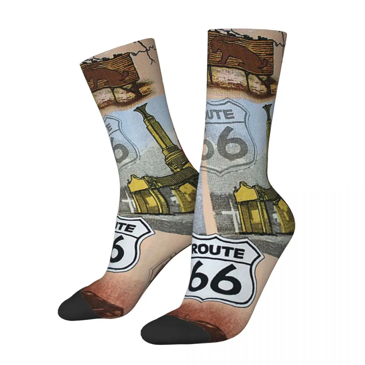 Calcetines de fútbol Retro Fun Colorful Route 66 Collage, calcetines largos de poliéster para mujeres y hombres, transpirables