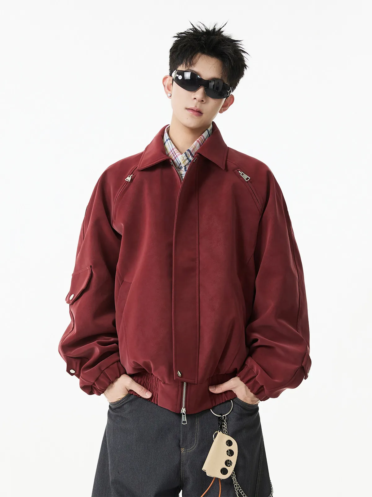 Double Zipper Design Motorcycle Gray Black PU Leather Jacket American Retro Style Tie-Dye Casual Red Navy Blue Men's Jacket