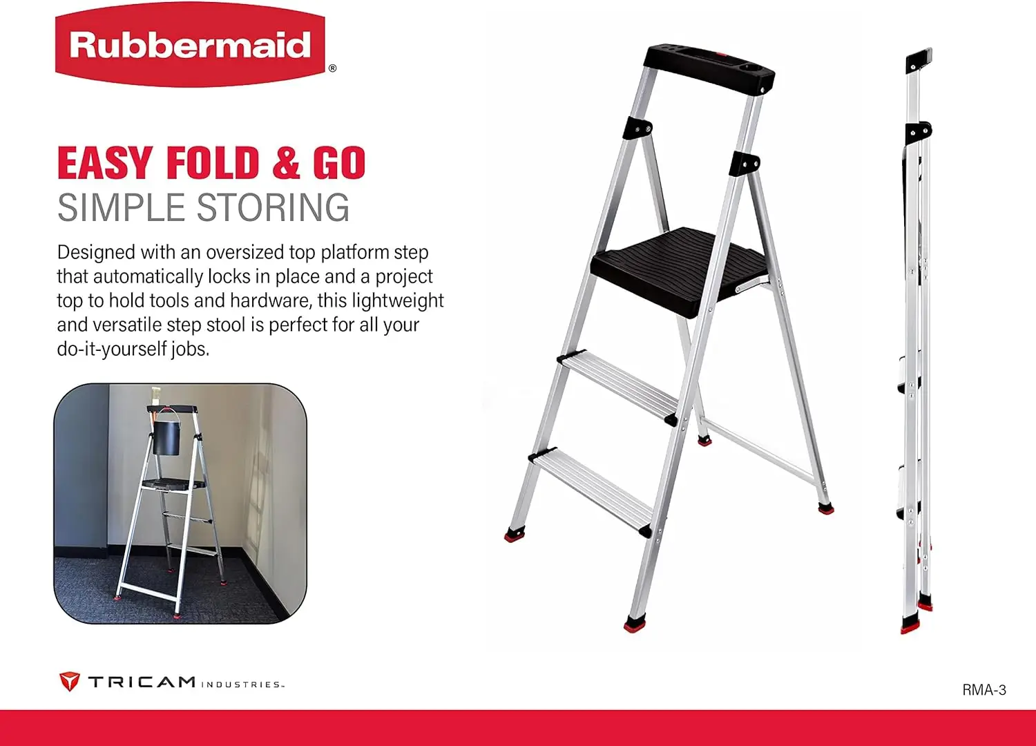 3-Step Folding Aluminum Step Stool with Project Top, Lightweight & Sturdy, US Safety Tested