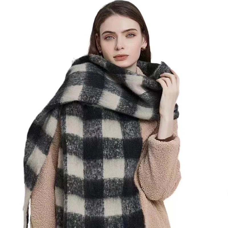 Fashion Plaid Striped Tassels Imitate Cashmere Scarf For Woman Winter Outdoor Keep Warm Shawls Lady Soft Long Wraps Thick Scaves