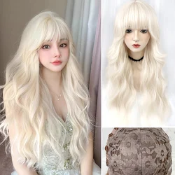 BEAUTYENTER długie faliste blond peruki syntetyczne z grzywką dla kobiet naturalne fale na imprezę Cosplay codziennego użytku peruki do włosów żaroodporne