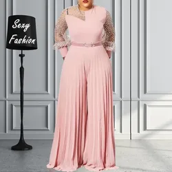 Mulheres magras plissadas macacão de manga comprida, macacão rosa, roupas elegantes, plus size, roupas de outono, moda, atacado, transporte da gota, S para 5XL