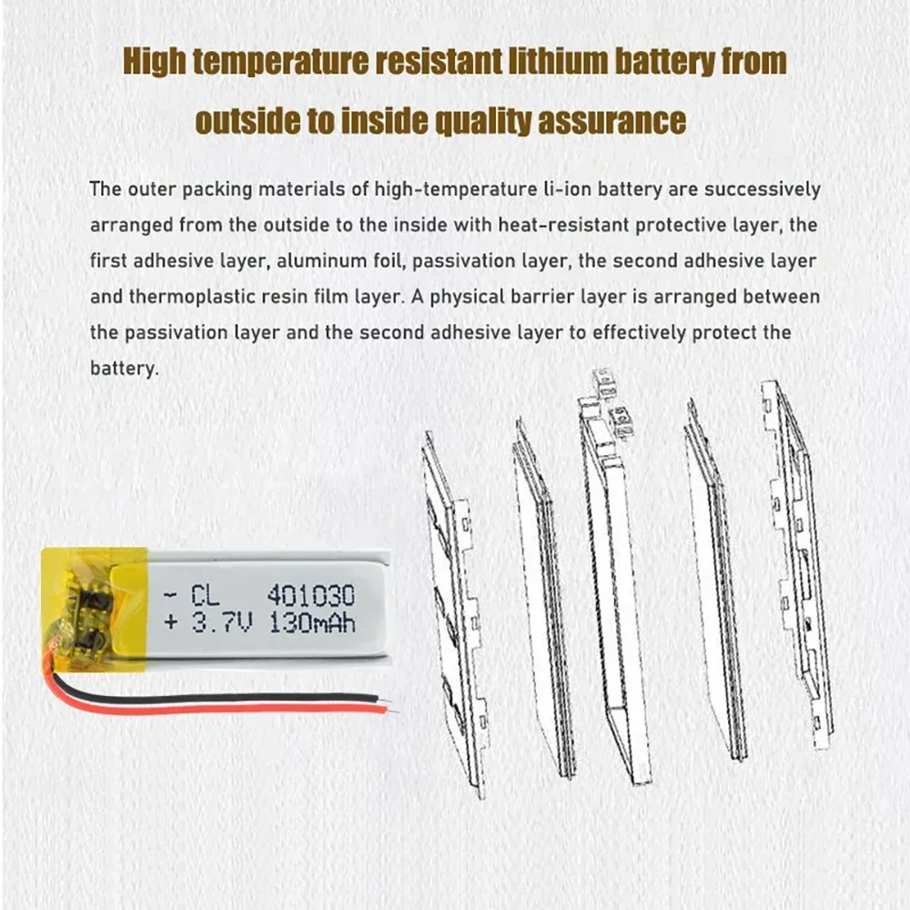 3.7V Lipo cells 401030 130mah Lithium Polymer Rechargeable Battery For MP3 MP4 GPS Bluetooth headset Hearing aid selfie stick