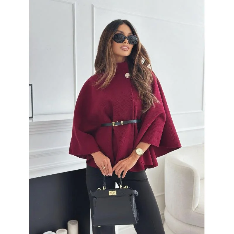 

Autumn Winter New Sle Women's Pure Color Waist-Cinching Belted Woolen Cloak High Waist Slimming High Collar Top Trendy
