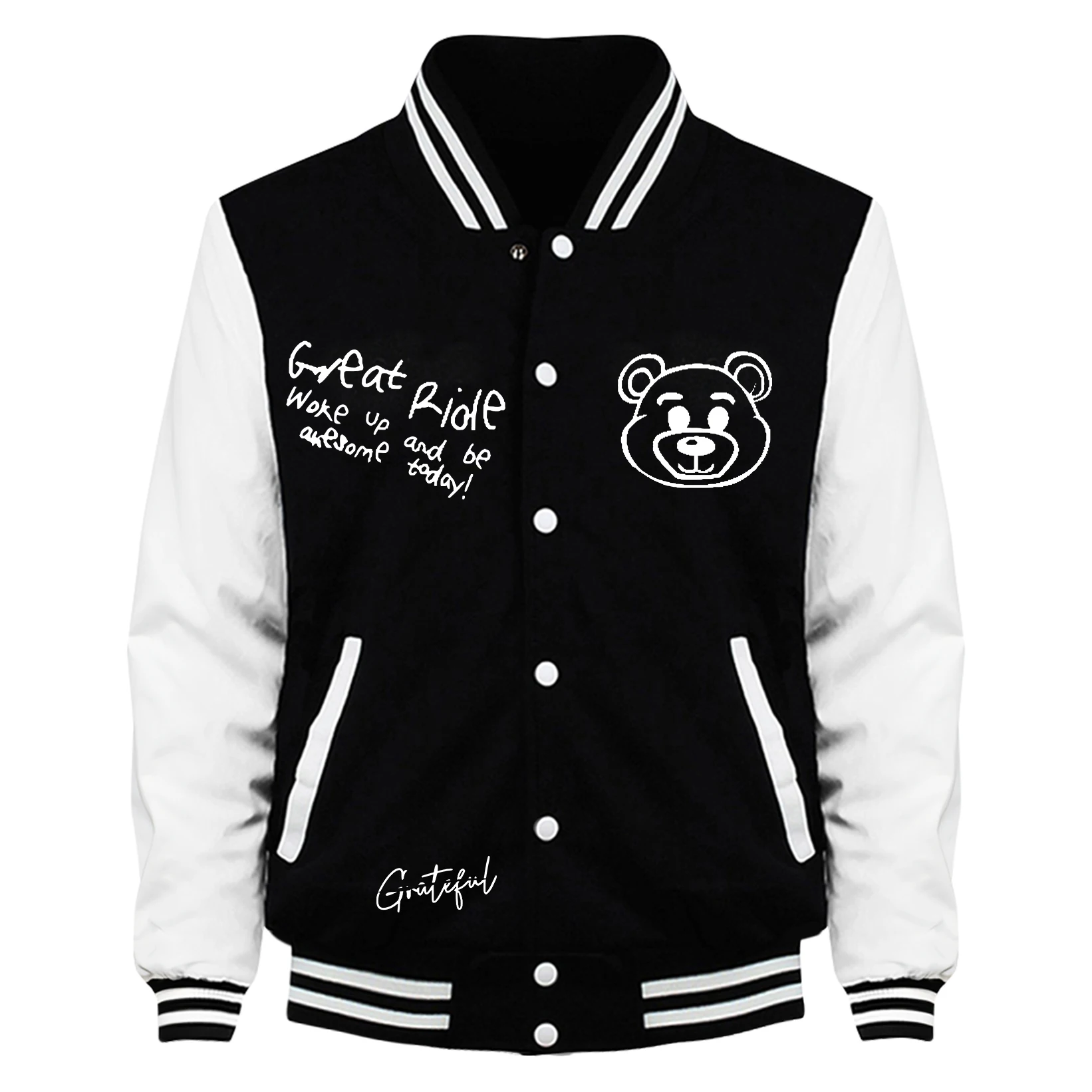 

Artistic Alphabet And Little Bear Print Baseball Jersey Men Loose Pocket Clothing Cute Streetwear Autumn Unisex Vintage Coat