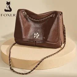 Foxer-Bolsa de couro dividida prateada para mulheres, bolsa de ombro feminina clássica, bolsa crossbody, grande capacidade, comutar senhora, bolsa de aba de corrente