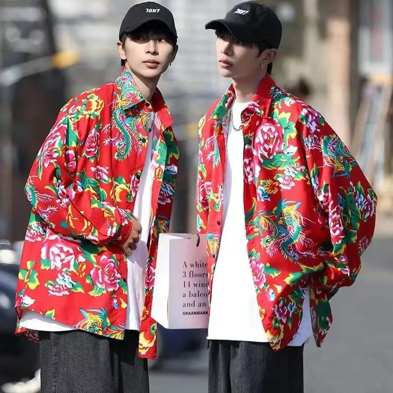 Northeastern Large-flowered Shirts Long-sleeved Casual and Trendy Unisex Peony-flowered Shirts Unique Niche Ethnic Coat Trend