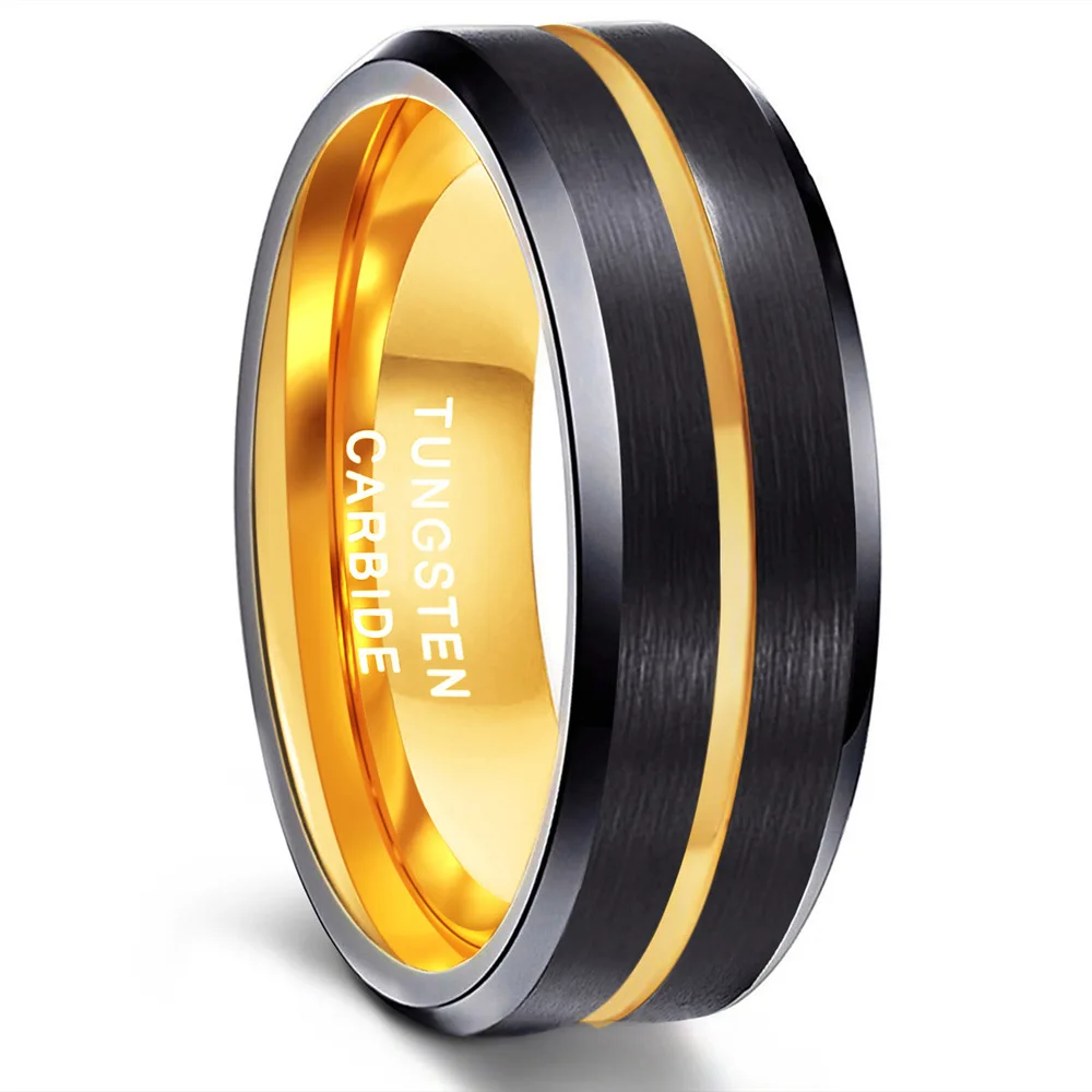 NUNCAD 8mm Tungsten Carbide Ring Black Bevel Groove/steel Frosted Surface Tungsten Steel Ring Electroplated Gold Inner Ring