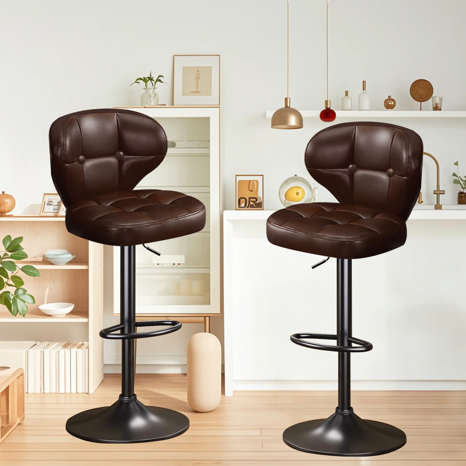 Bar Stools Set of 2,Adjustable Swivel Barstools, Modern PU Leather Upholstered Bar Chair with Back and Footrest,for Bar, Kitchen