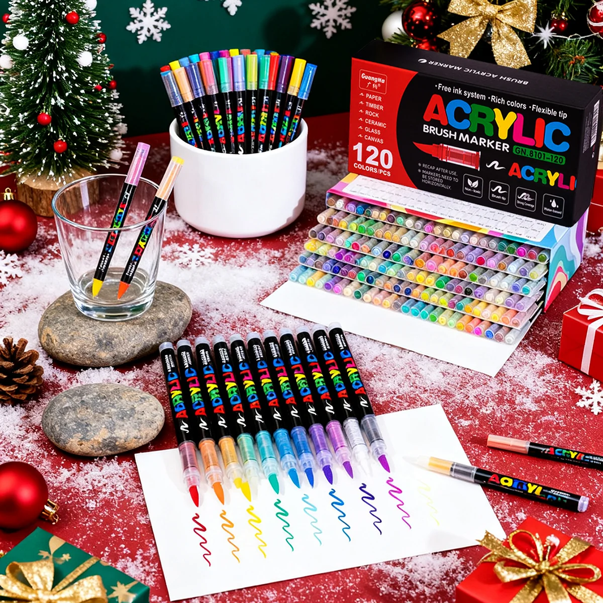 12-288 Colors/Box Christmas-Themed Marker Set - Soft-Tip Straight Liquid Acrylic Markers for DIY Holiday Doodle Art Painting