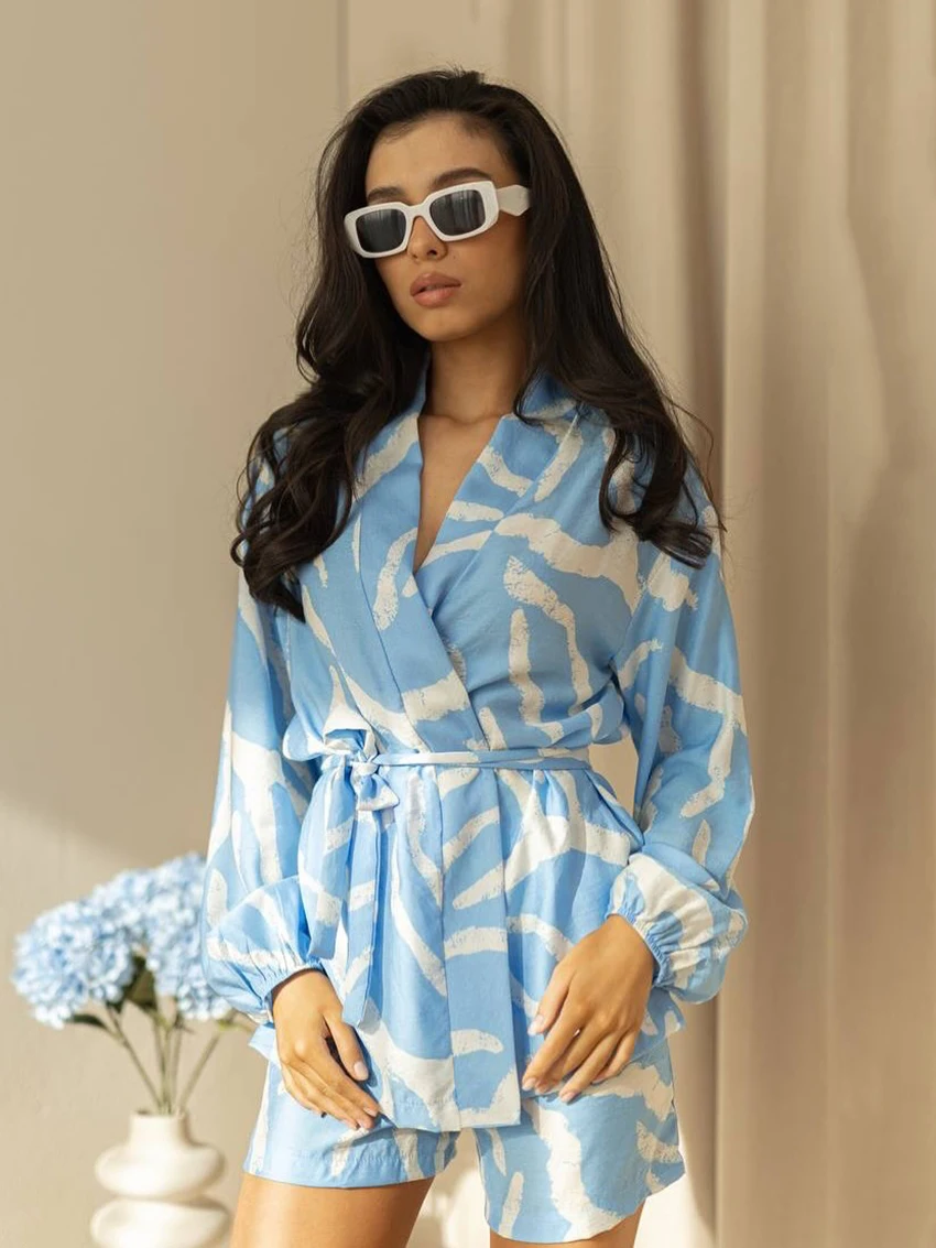 Marthaqiqi Printing Women'S Sleepwear Set Long Sleeve Robe V-Neck Pajamas Lace Up Nightwear Shorts Casual Ladies Nightgowns Suit