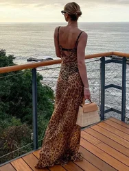 Suninheart Summer Sexy See Through Dress Maxi Backless Leopard Sheer Beach Dress Lace Up Elegant Floor Length Holiday Dress