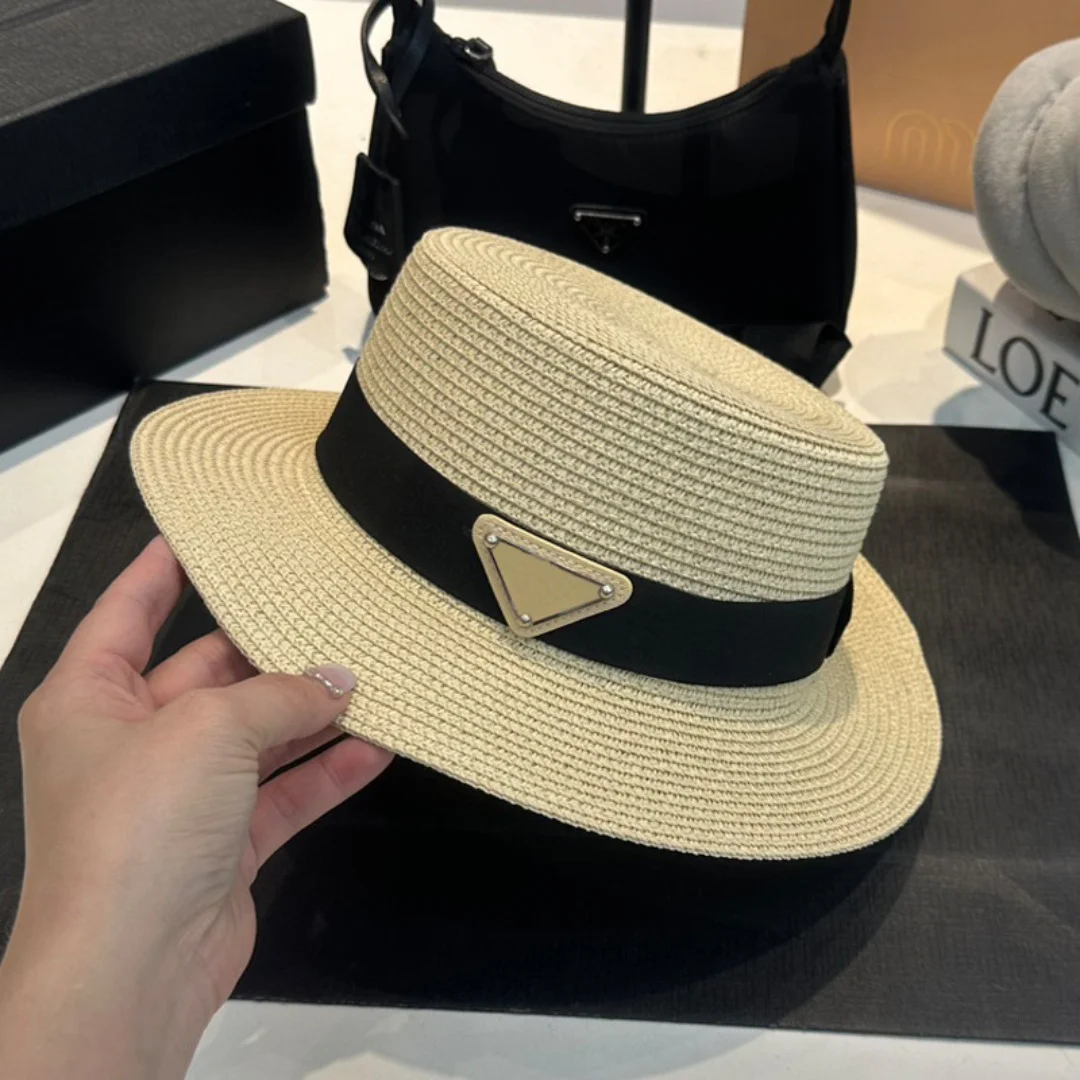 

Panama Simple Summer Beach Hat Female Casual Flat Brim brand Triangle Logo Straw Cap Sun Hat fashion Versatile design