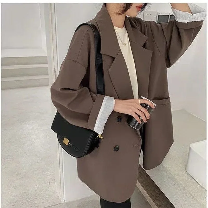 Vintage Brown Blazer Women Elegant Official Ladies Autumn Fashion Long Sleeve Oversized Chic Casual Jacket All-match Coat