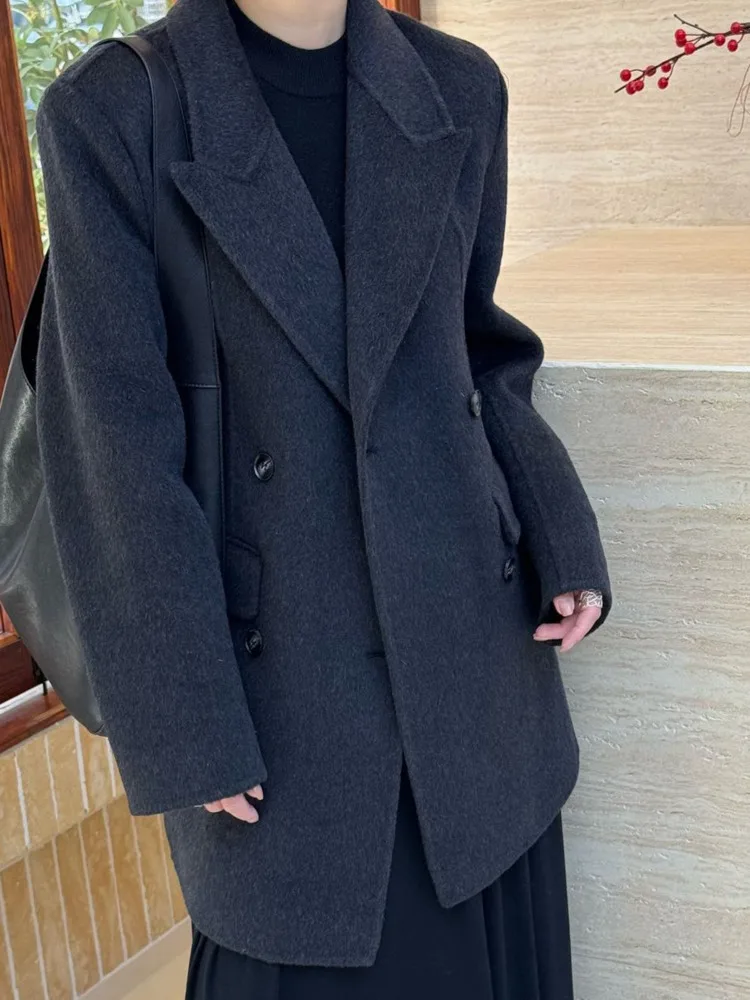 ZMEENNA Cappotto blazer doppiopetto in misto lana elegante da donna con risvolto dentellato Giacca invernale casual Elegante tuta sportiva bianca ZM3620