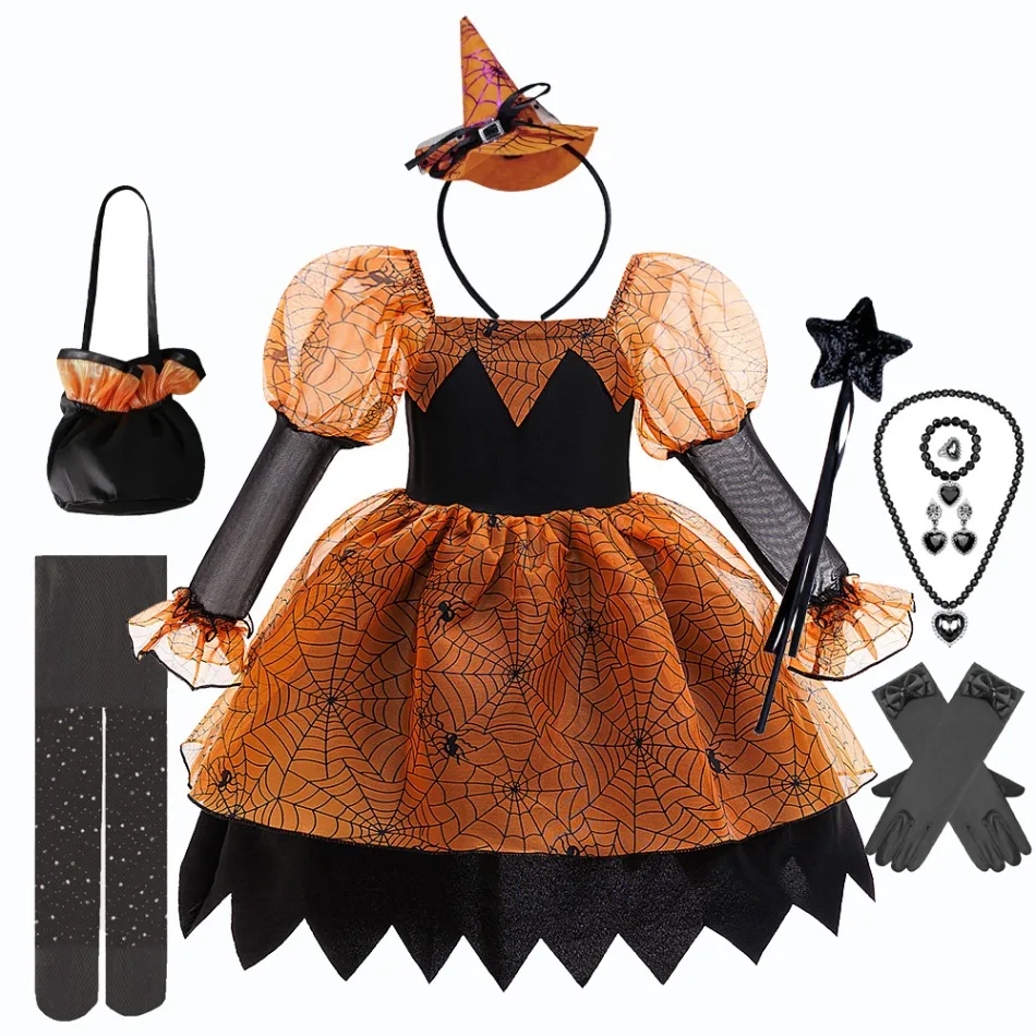 Halloween Girls Spider Printed Web Long Sleeve Dress Kids Bubble Transparent Lace Sleeve Black Orange Dress Carnival Costume