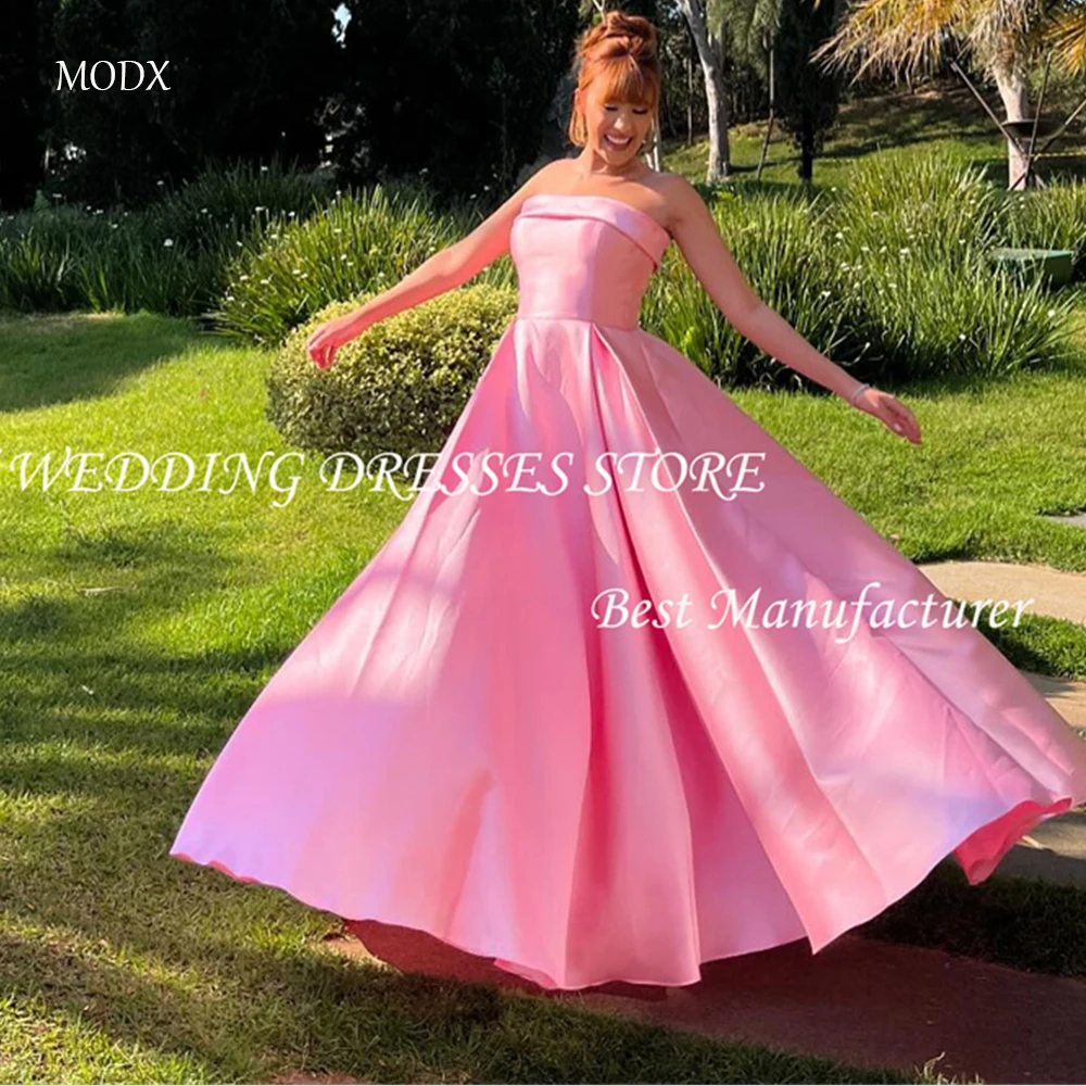 MODX فساتين سهرة وردية أنيقة من الساتان بدون حمالات بدون أكمام بطول الأرض دبي العربية للنساء فساتين مناسبة رسمية للحفلات #1