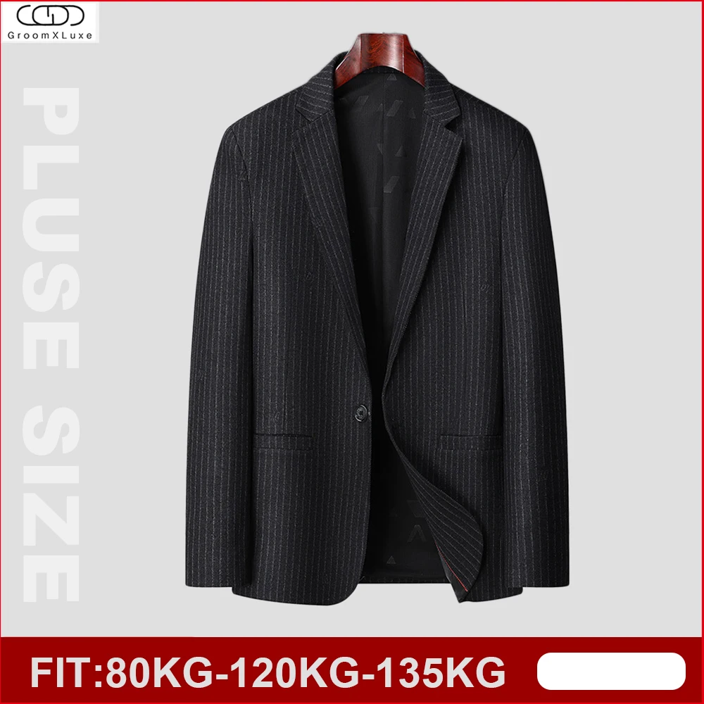 

GROOMXLUXE Men's Plus Size Black Striped Blazer Suit Business Casual Wedding Oversized Coat Formal Wear Jacket For 80KG-135KG