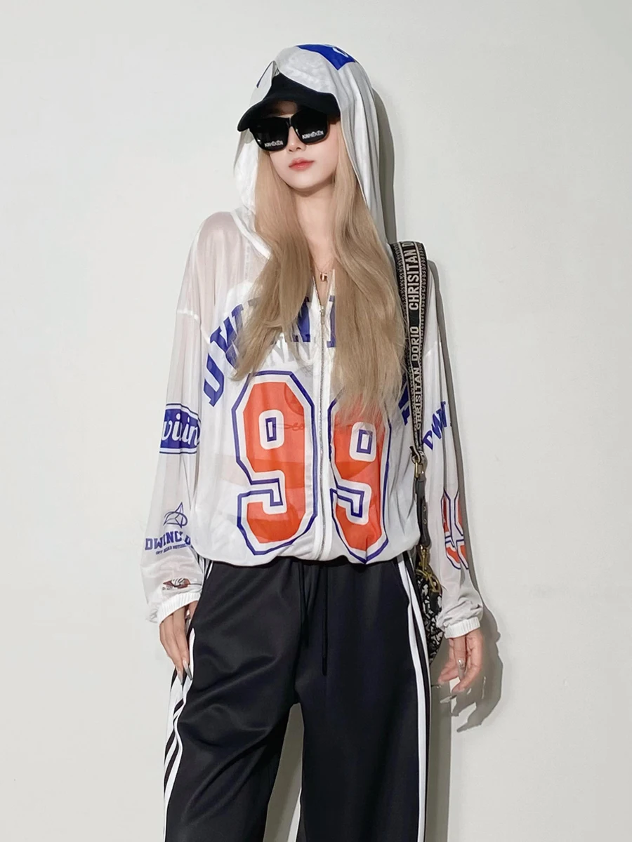 

Lightweight Summer Ice Silk Me Cover up Coat Women's Loose Fit Hooded Sun Protection Clothing Long Sve Zipper Closure