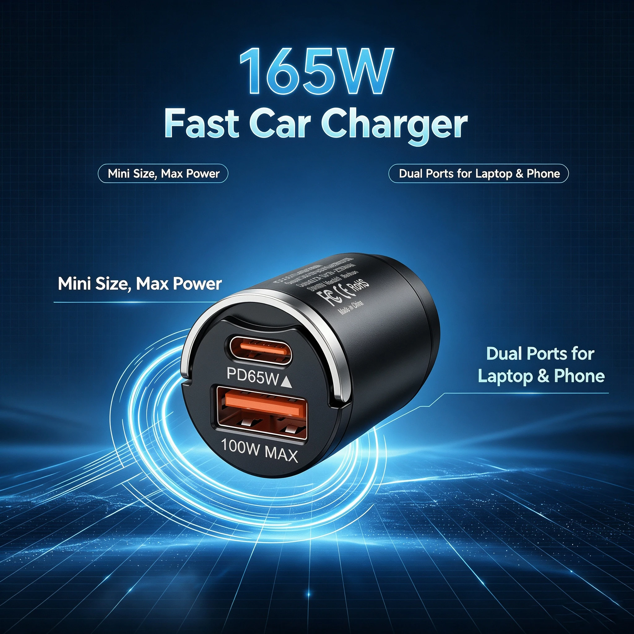165W Rapid Charge Car Charger with 65W USB C and 100W USB A Outputs for Road Trips and Daily Driving Zinc Alloy Flush Fit Design