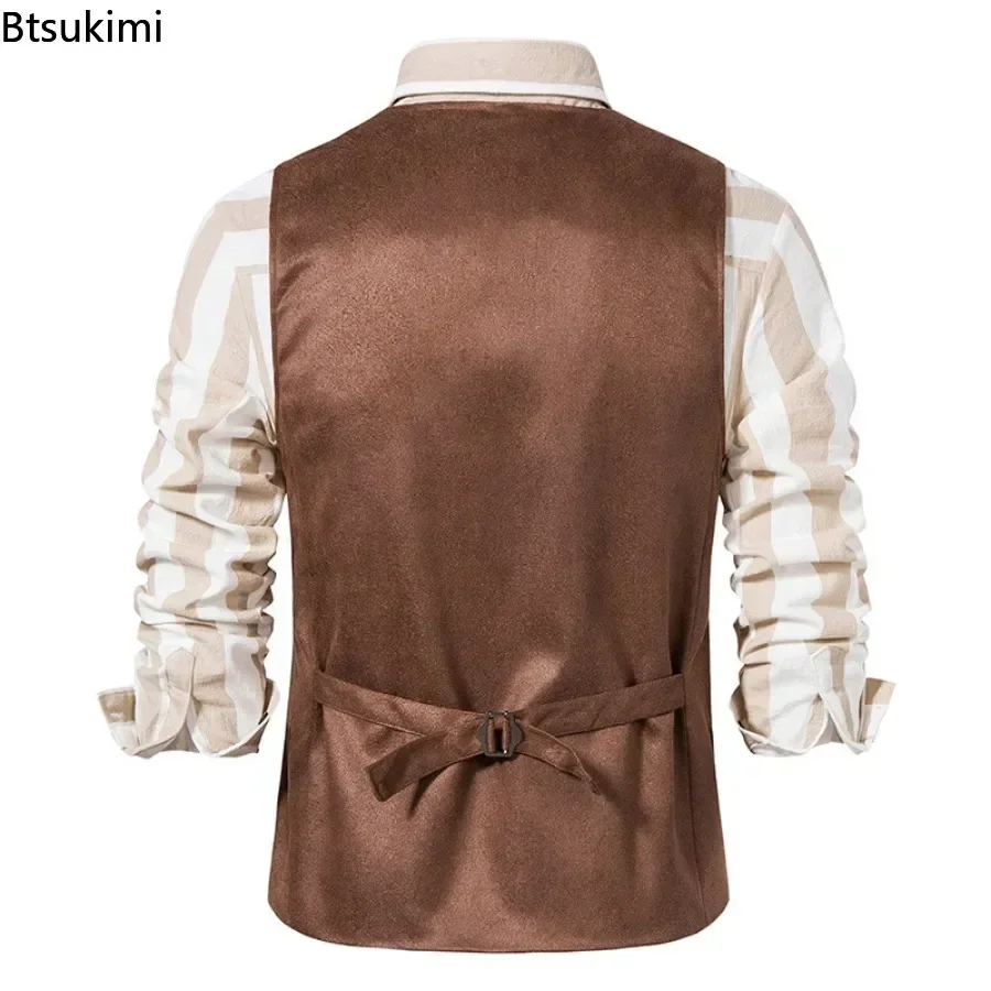 New 2025 Men's Vest V-neck Suede Single Breasted Vest Jacket Men Casual Business Party Waistcoat Fashion Solid Slim Vest for Men
