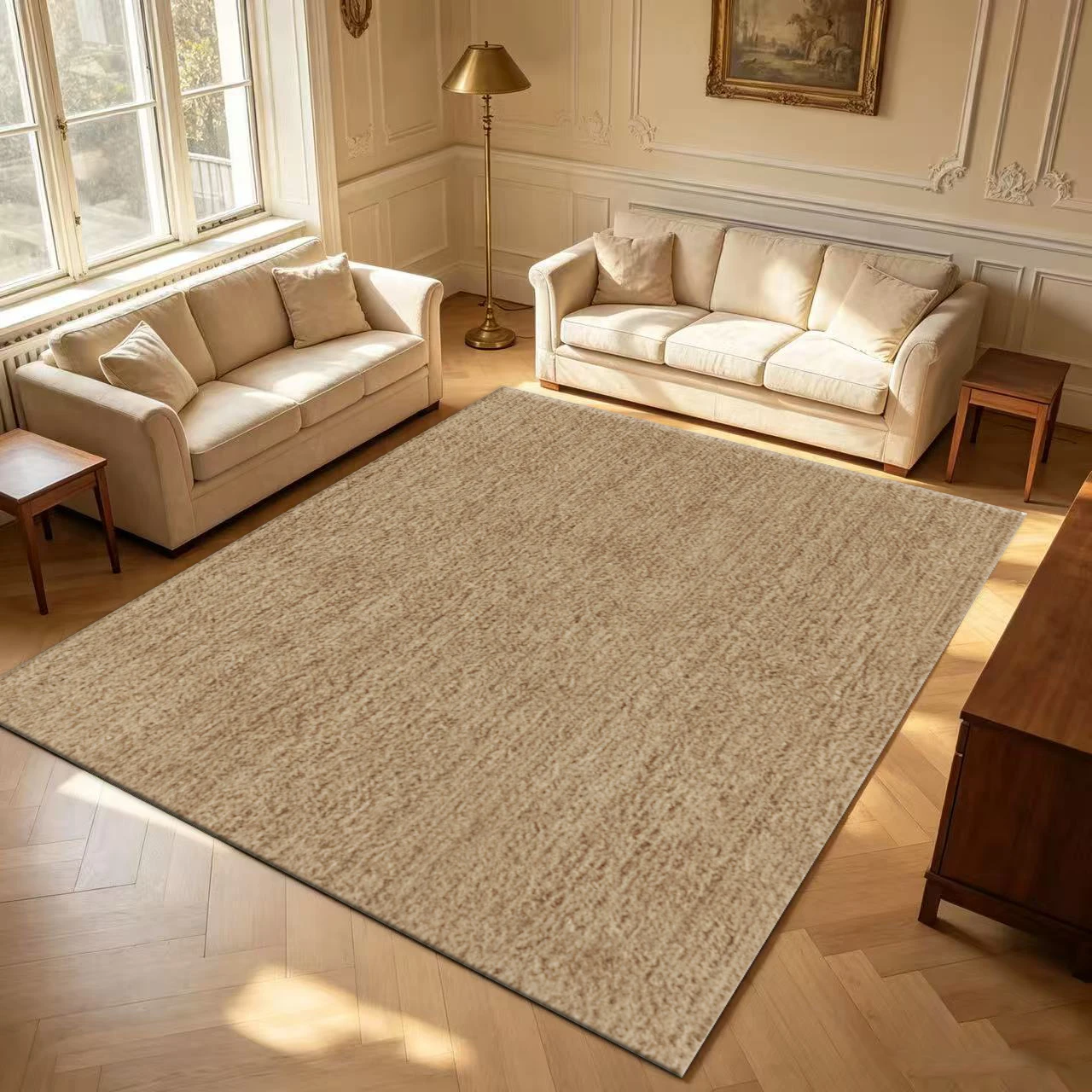 Solid Khaki Textured Carpet Flooring Plain Neutral Tone Area Rug for Bedroom Apartment Interior Styling