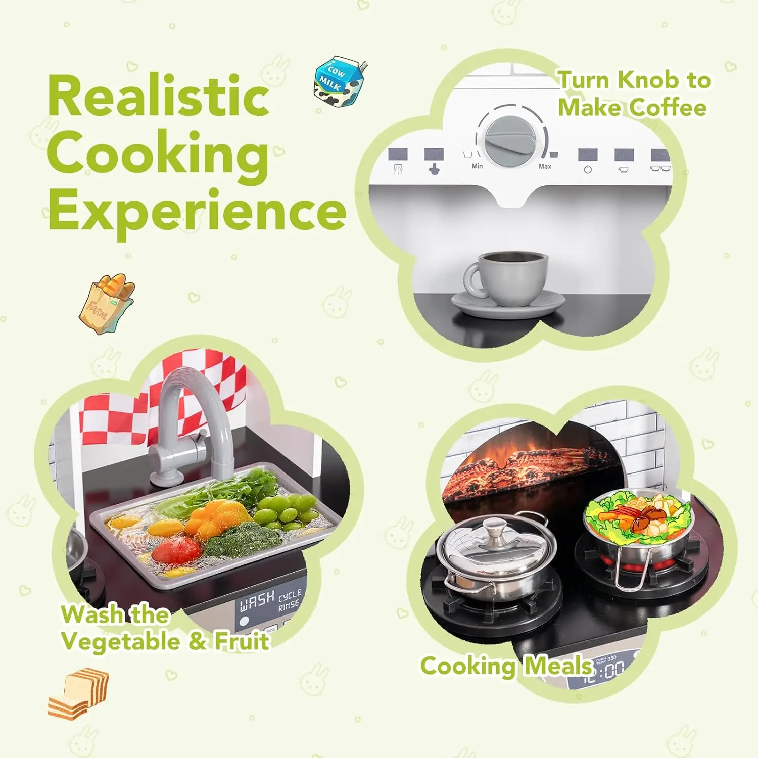 Kids Kitchen Playset, Wooden Toddler Kitchen Set w/Curtains, Coffee Maker, Storage Shelf, Stove,Sink, Utensils, Light & Sound, K