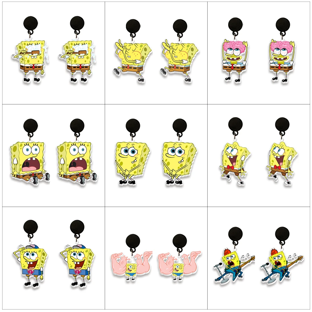 Hot Sale Anime Acrylic Hook Earrings Spongebob Printed Tape Black Drop Earrings Handmade Jewelry Epoxy Resin Cartoon Earring