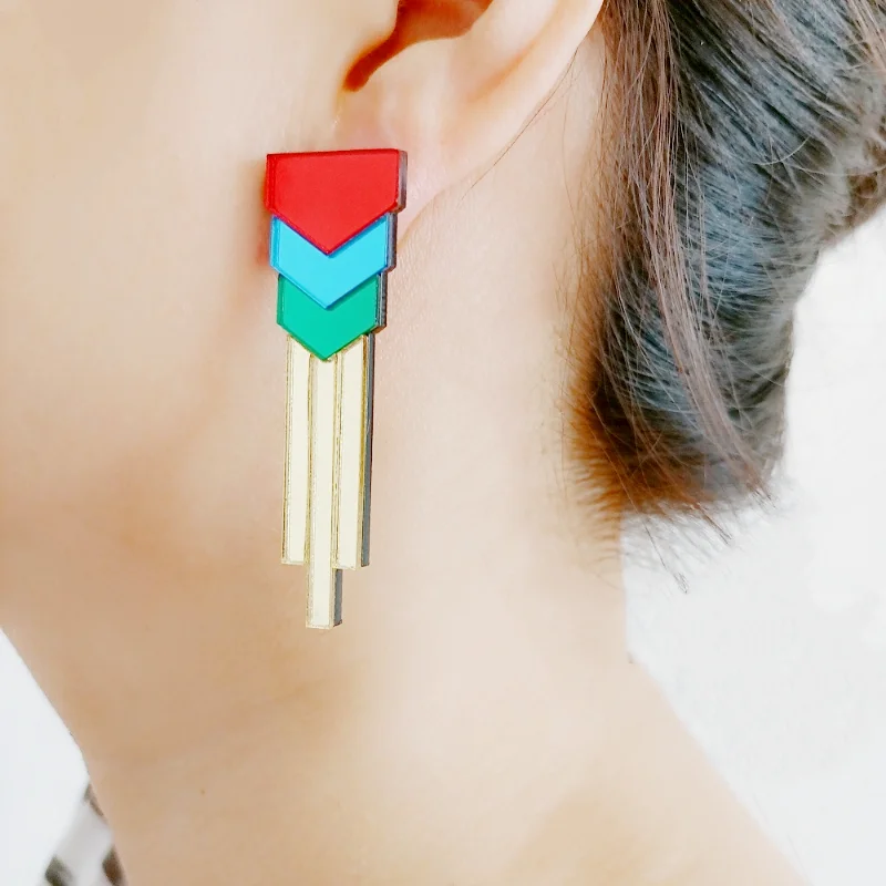 KUGUYS Multicolor Stripes Splice Plate Long Stud Earrings For Women Vintage Glitter Mirror Acrylic Trendy Jewelry Accessories