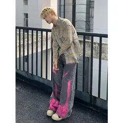 Grey Pink Gothic Jeans American High Street Graffiti Design Y2k Jeans 2000s Vintage Wide Leg Pants Vintage Trashy Clothes