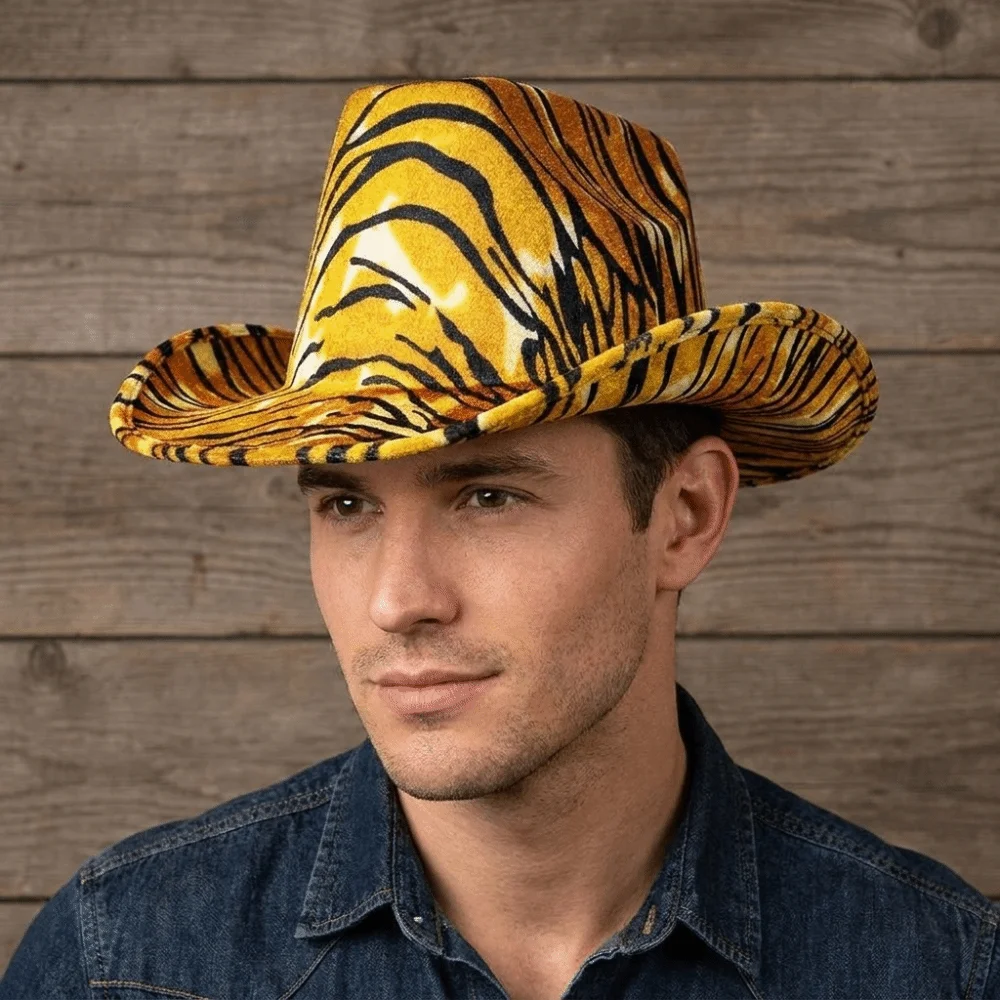 Cool Cow Printed Bowler Hat Leopard Printed Windproof Western Cowboy Hat Drawstring Tiger Cowgirl Hat Prom