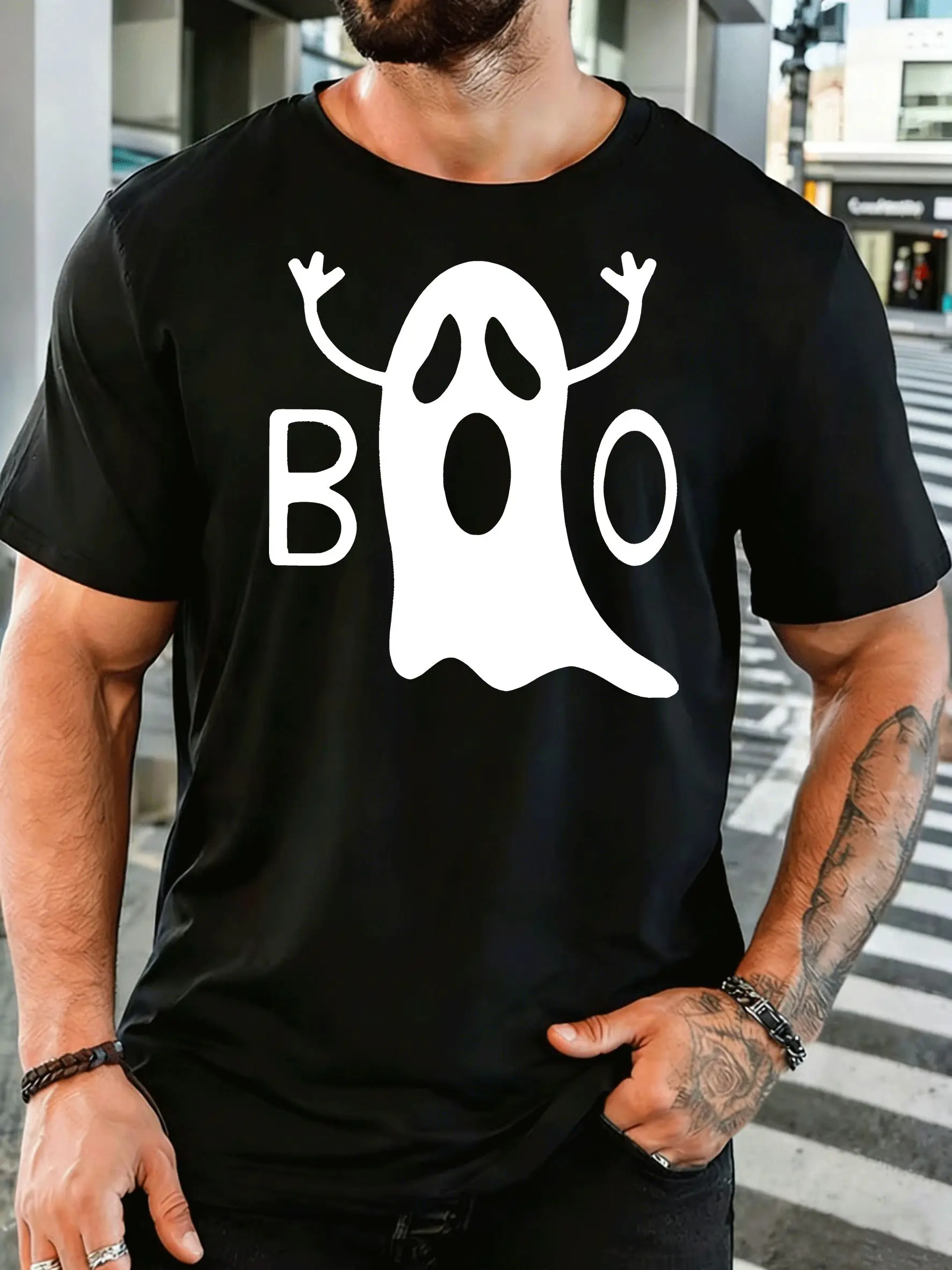 Men Short Sleeve T Shirt Boo Ghost Graphic Tee Halloween Spooky Print Tops Summer Soft Cotton Casual Street Wear For Adult Male