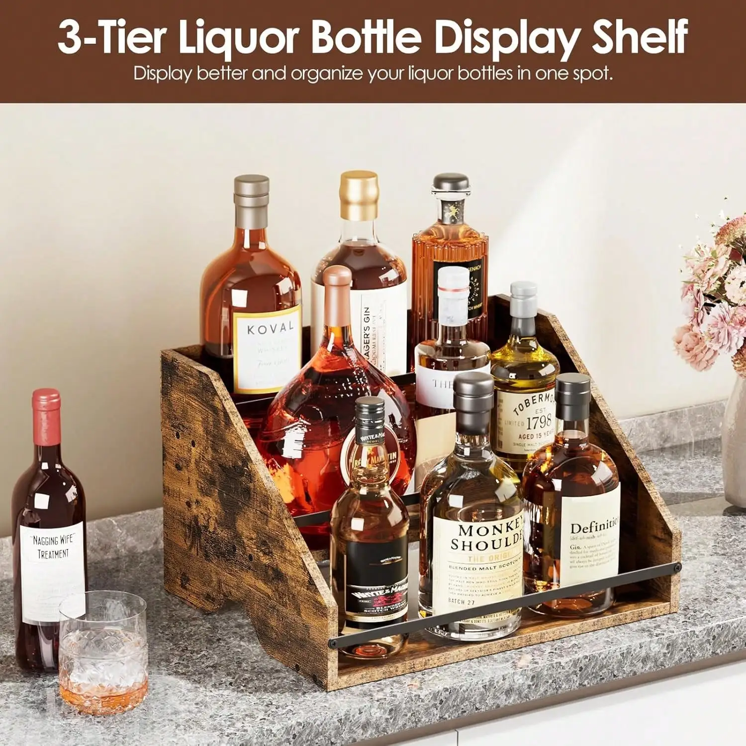 

Liquor Bottle Display Shelf, Coffee Syrup Organizer, 3 Step Countertop Liquor Wine Rack, Home Retro Shelf Stand For Mini Bar, Cabinet, Bar Essentials For Whiskey, Spirits, Wooden