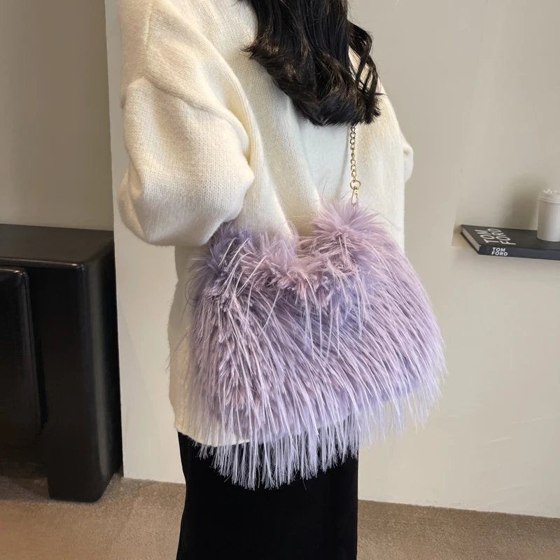 Luxury Purple Faux Fur Handbag Clutch Bag For Women 2024 New Fluffy Plush Warm Winter Bag Chic Half Moon Shoulder Crossbody Bags