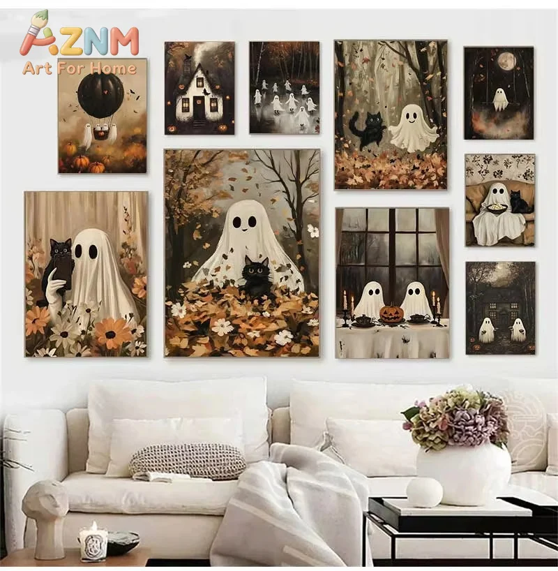 1PC Retro Autumn Halloween Canvas Class Flower Scary Ghost and Dark Pumpkin Black Cat Wall Art Poster Modern Living Room Decor
