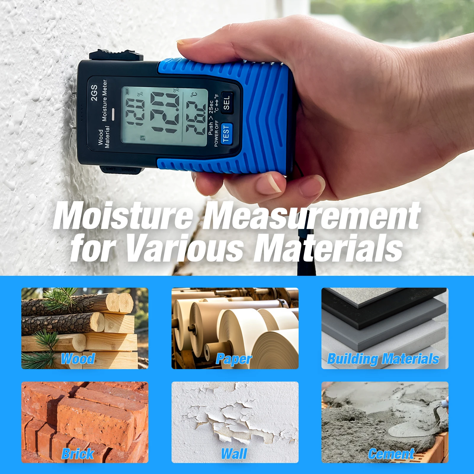مقياس الرطوبة لمواد الأخشاب والبناء المحمولة، مسبار سطح الاتصال القابل للتمديد، للأرضيات والأثاث والحطب #5