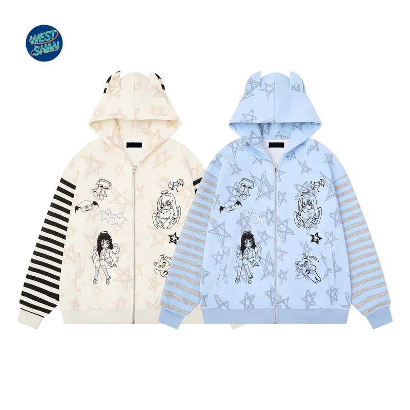 WESTSHAN أعلى جودة الاتحاد الأوروبي الولايات المتحدة حجم Y2K الملابس الكرتون لطيف آذان ستار المشارب البلوز المرأة خريف شتاء كامل ستار قلنسوة بسحاب