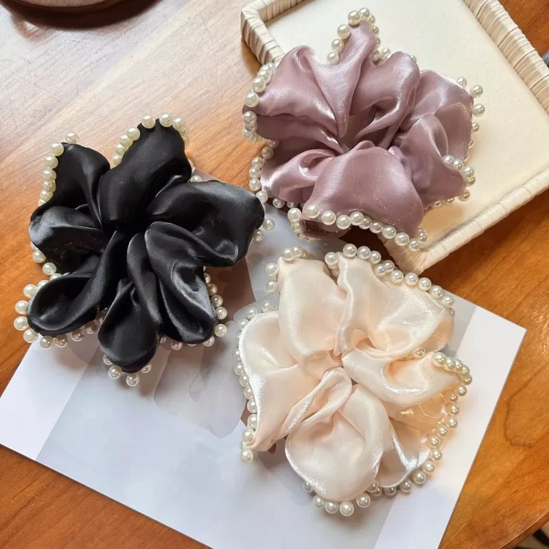 

New Elegant Solid Satin Big Hair Scrunchies Elastic Hair Bands for Women Pearl Hairbands Girls Head Tie Korean Hair Accessories