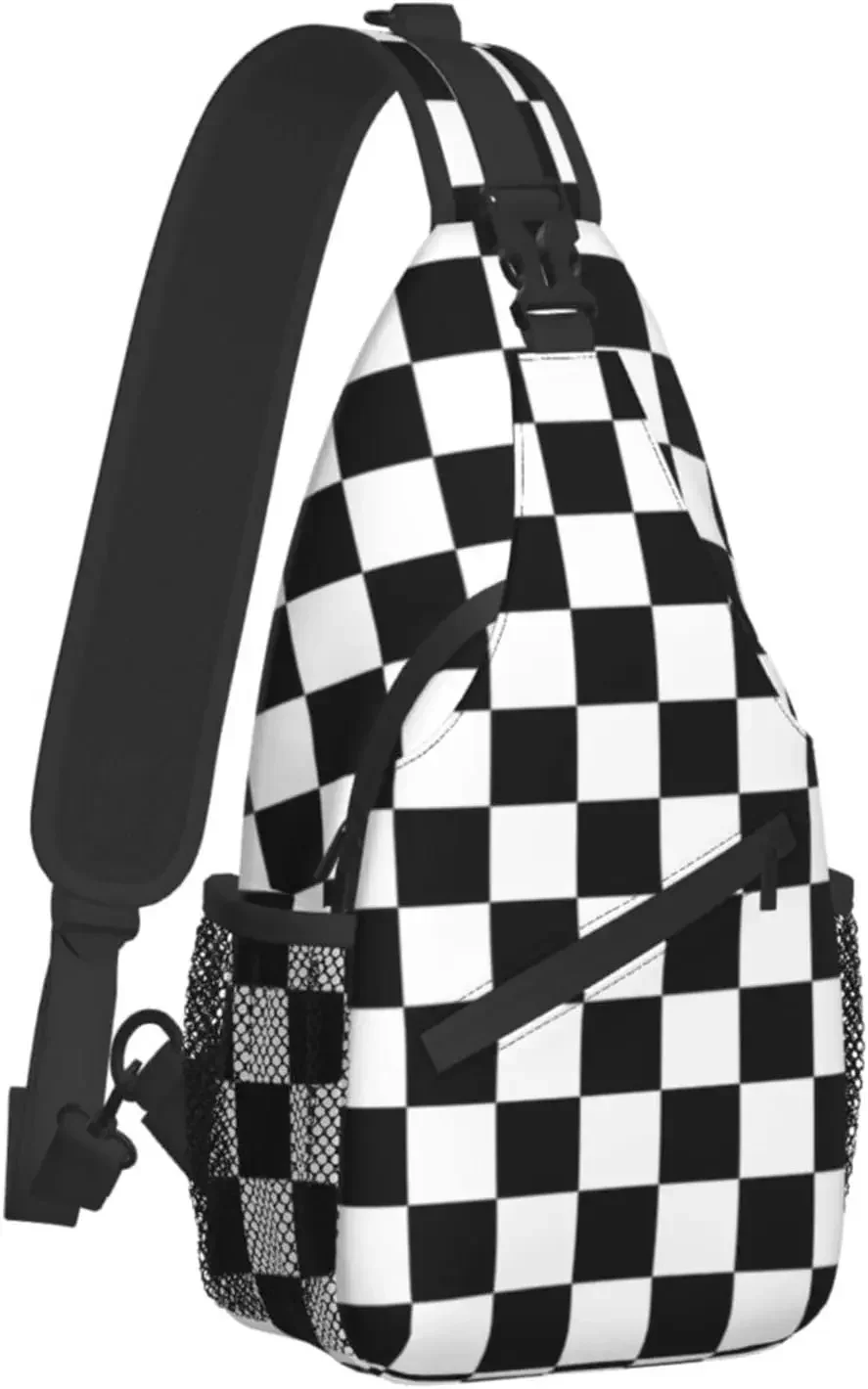 Black and White Checked Flag Sling Bag Casual Backpack Lightweight Shoulder Bag Chest Crossbody Daypack ForOutdoor Travel Hiking