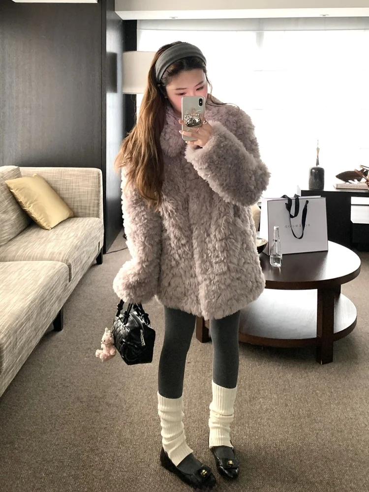 Eco-Friendly Women's Winter Jacket Lamb Fur Integrated Fluffy Soft Feminine Fashionable Minimalist Style Mid-Length Coat