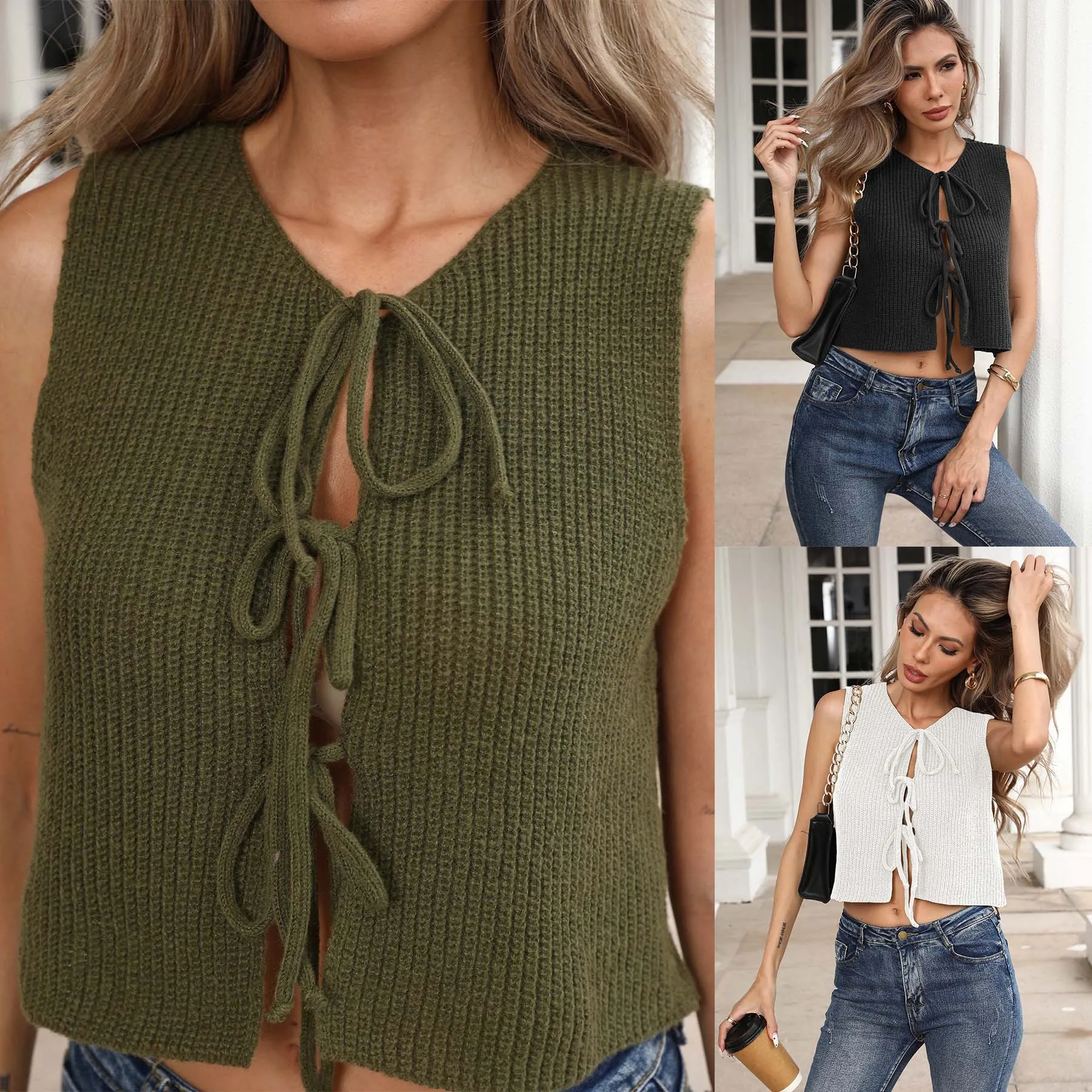 

"Women's Sleeveless Casual Vest Top - Bow Strap Camisole, Summer Thin Cardigan, Solid Color T-Shirt, Lightweight Woven Tank"
