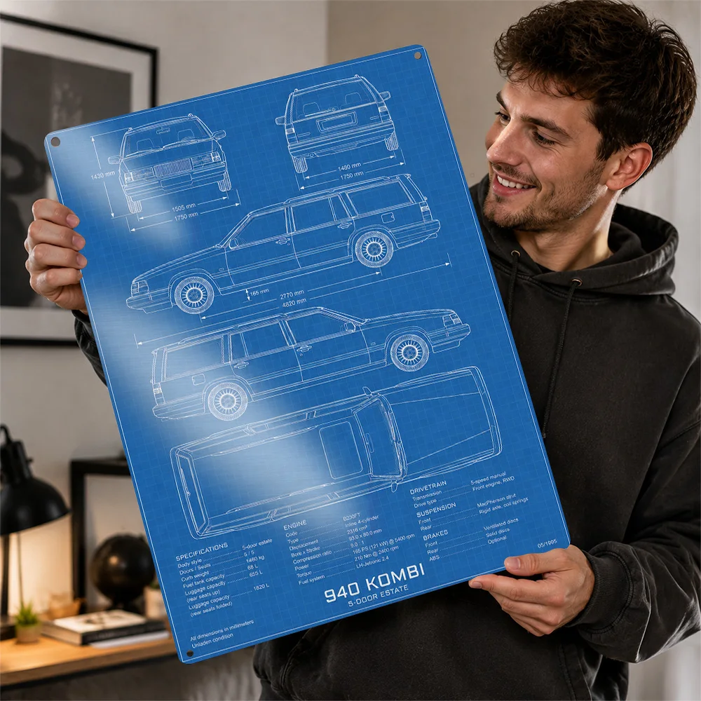Sweden 940 Kombi 1995 Technical Blueprint Estate Aluminum Poster Customized Metal Tin Sign Workshop Style Wall Art For A Study