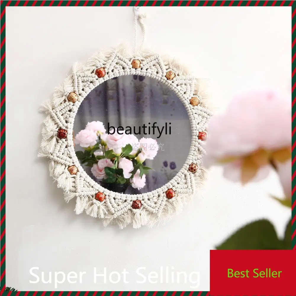 

F185 Hand woven wall mirror pendant bed side bedroom wall hanging mirror hand woven tapestry mirror