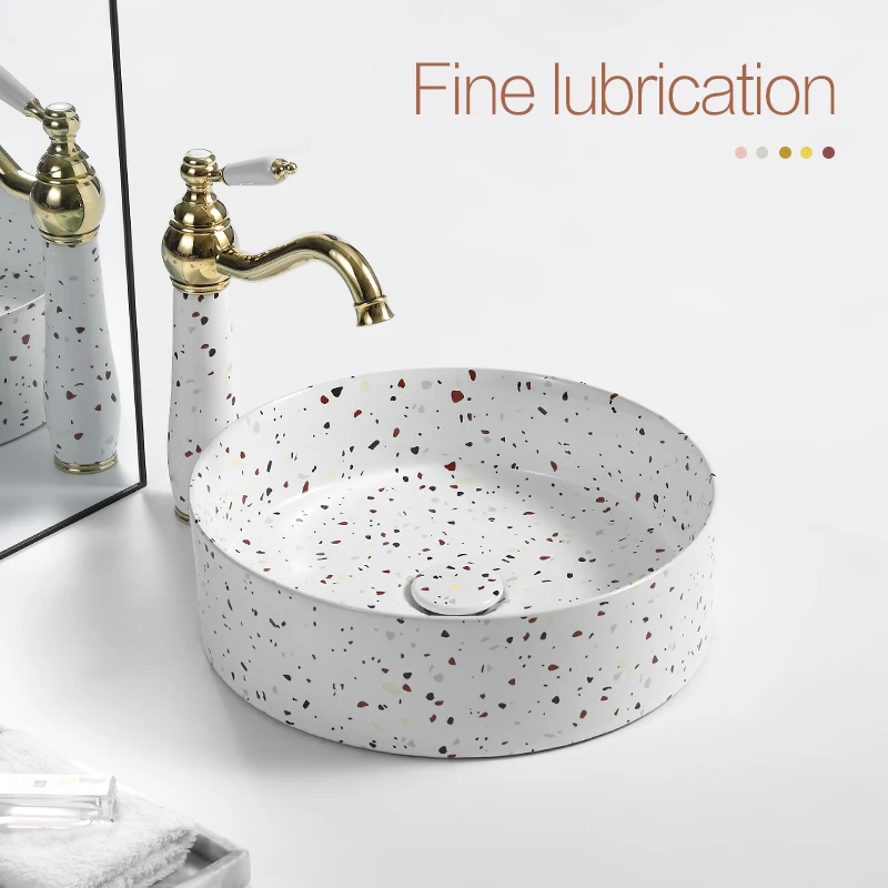 Bathroom Washbasin Basin Sink Washroom Mini Ceramic Countertop Vessel Sinks Nordic Terrazzo Round Balcony Basin Free Faucet Sets