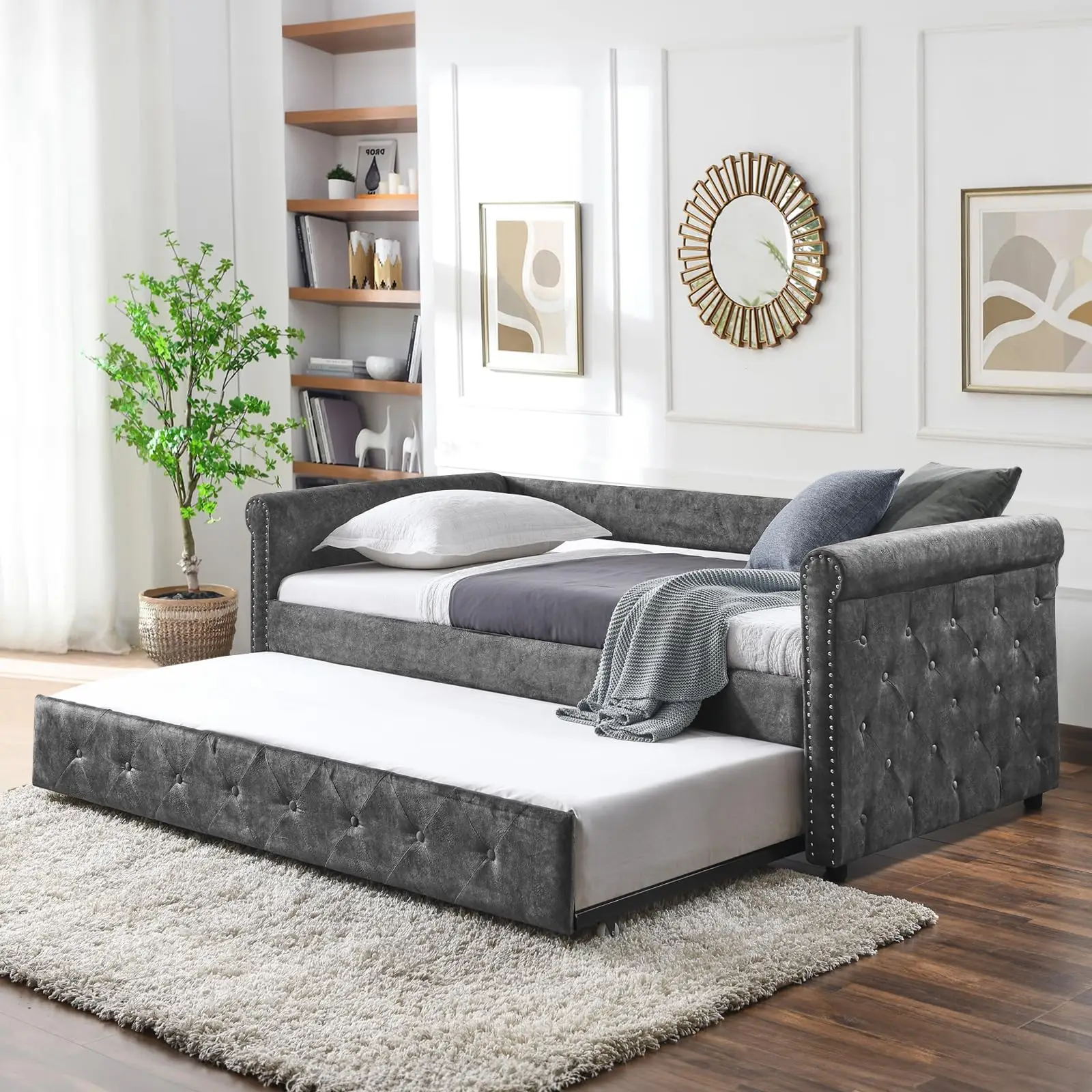 Daybed with Trundle, Fabric Upholstered Twin Size Button-Tufted Sofa Daybed Frame w/Twin Roll-Out Trundle, No Box