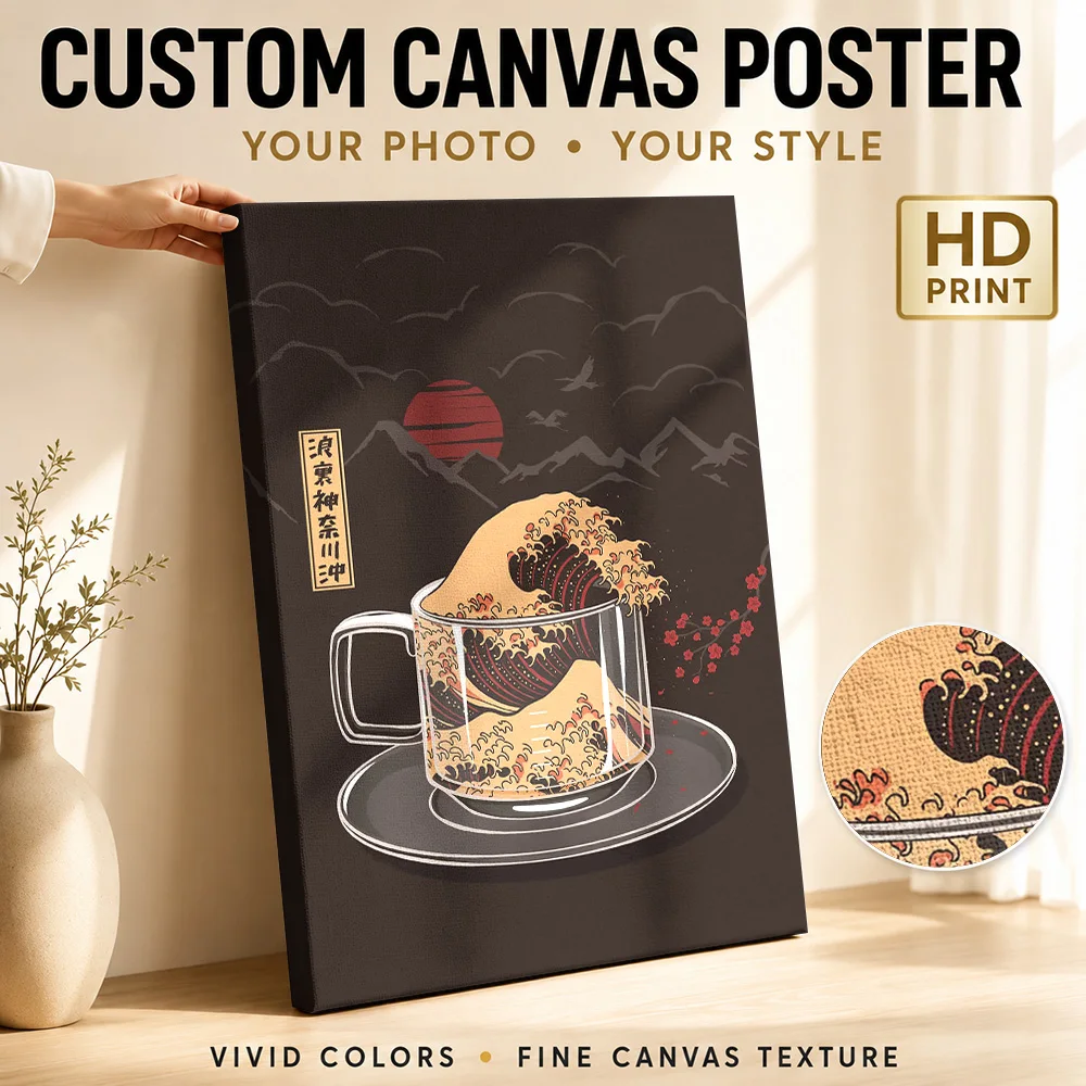 The Great Wave of Coffee Canvas Print Poster Custom Japanese Inspired Canvas Wall Art for Office Decor Ready to Hang Home Gift
