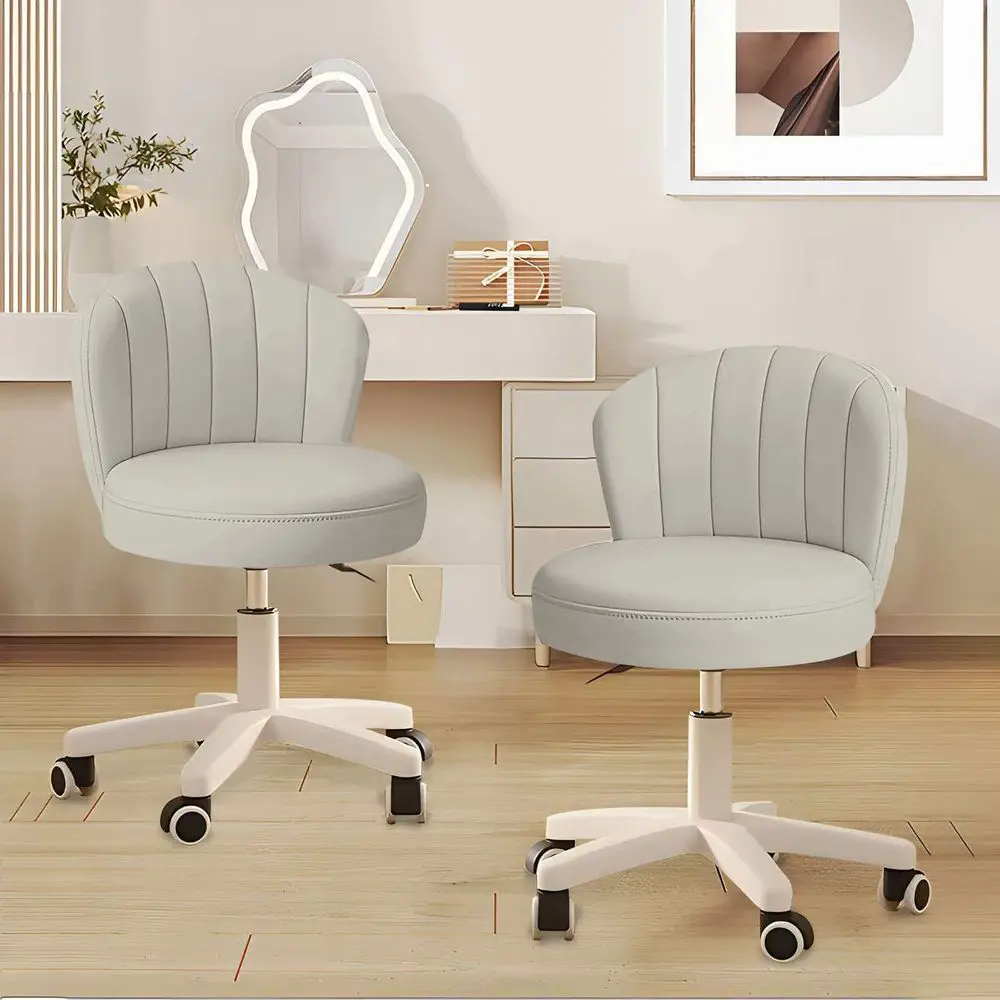 Desk Chair Round Rolling Chair with Back PU Leather Height Adjustable Swivel Vanity Work Computer Stool Chair for Home Office B