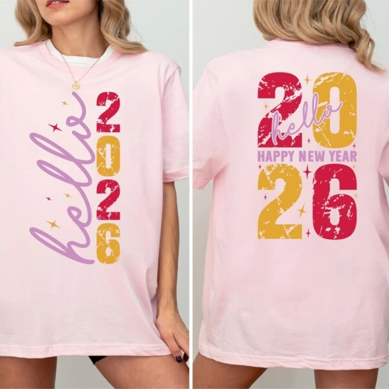 مرحبا سنة جديدة سعيدة 2026 القطن تي شيرت الأسرة مطابقة الاحتفال احتفالي حفلة عطلة طاقم الرقبة موضة لينة مريحة #5