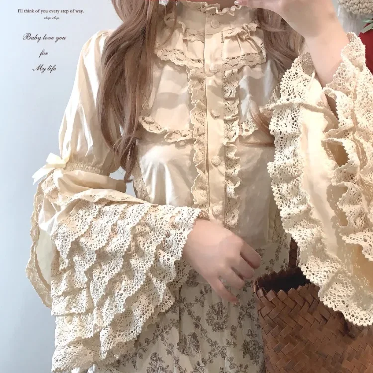 

Vintage Lace Ruffles Single Breasted Shirts Women 2025 Autumn New Cotton Blusas De Mujer Y2k Flare Sleeve Loose Blouses
