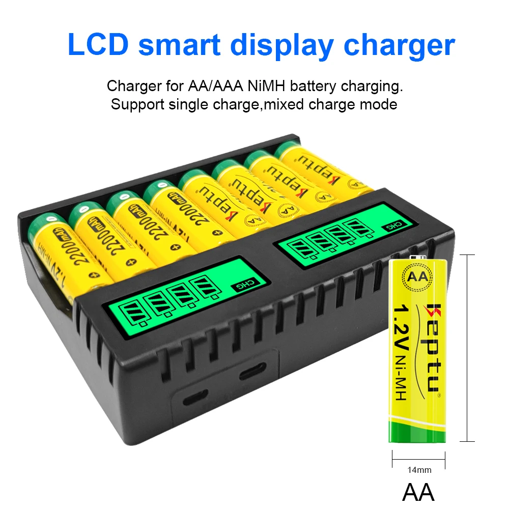 KEPTU AA Rechargeable Ni-MH Battery NiMH 1.2V 2200mAh AA Pre-charged Batteries low self discharge Batteries +LCD Charger